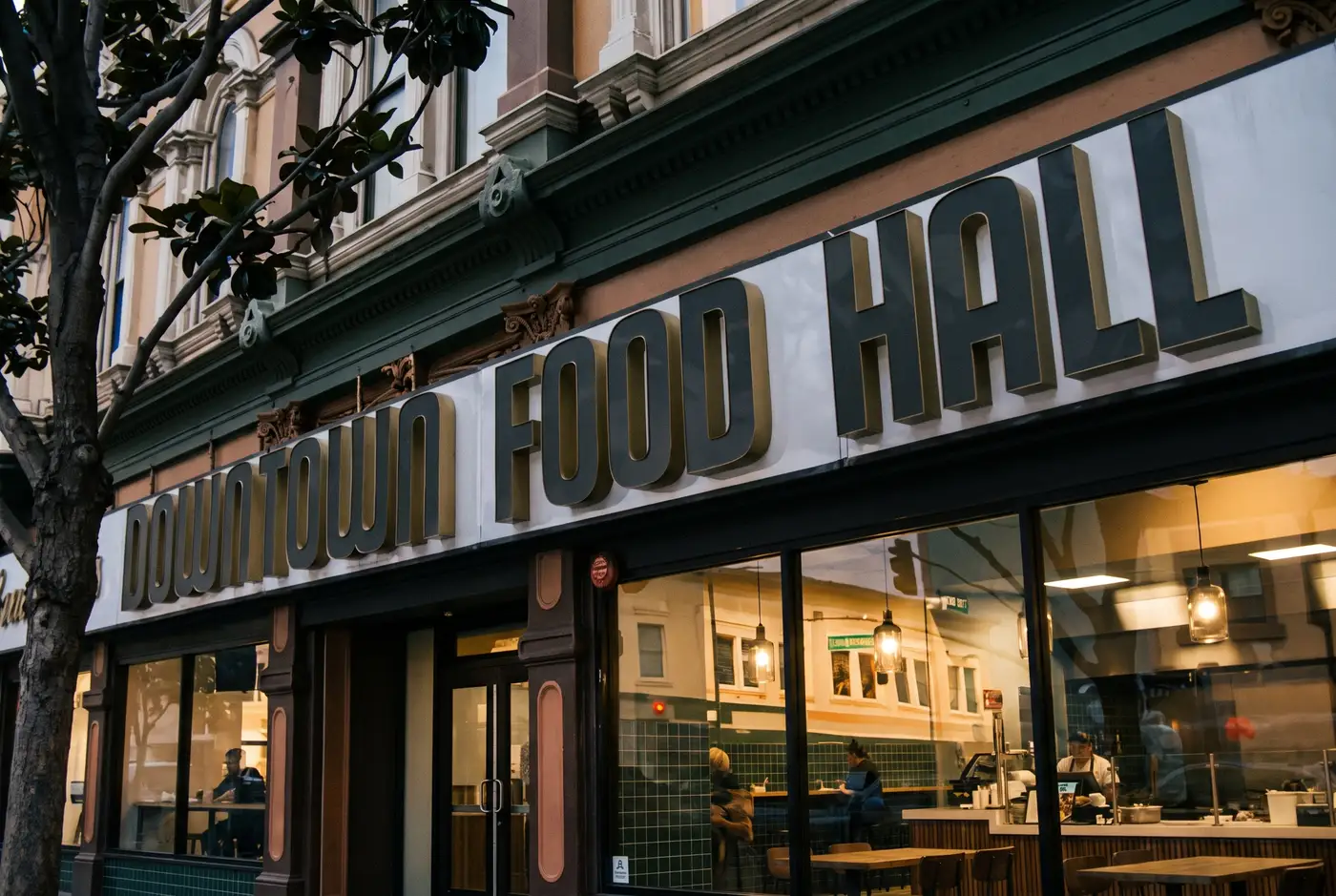 The Downtown Food Hall facade on E Santa Clara St at dusk